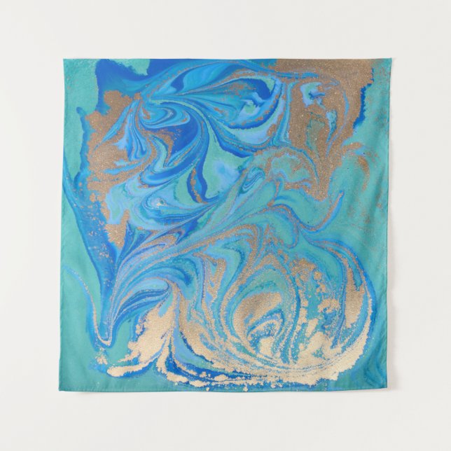 Blue and golden liquid texture tapestry (Front)