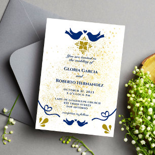 Blue And Golden Love Birds Mexican Wedding Invitation