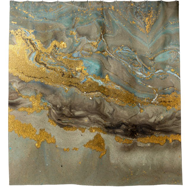 Blue and golden marble pattern shower curtain (Front)