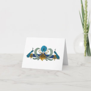 Blue and golden peacocks and wreaths holiday card