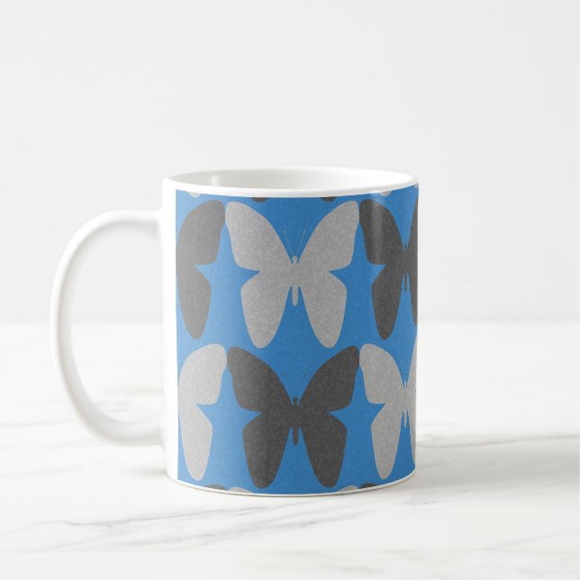 Blue and gray butterfly pattern coffee mug (Left)