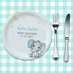 Blue and Gray Elephant Baby Shower boy Paper Plate