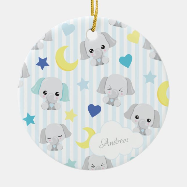 Blue and Gray Elephant Pattern Baby Boy Christmas Ceramic Ornament (Front)
