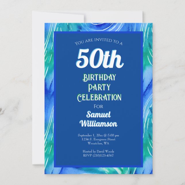 Blue and Green 50th Birthday Party Celebration Invitation (Front)