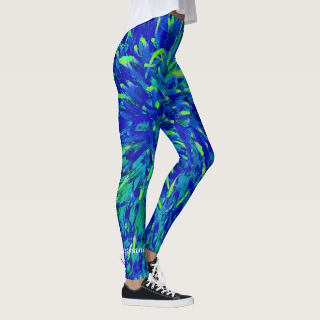 Blue and Green Abstract with Personalised Name Leggings (Right)