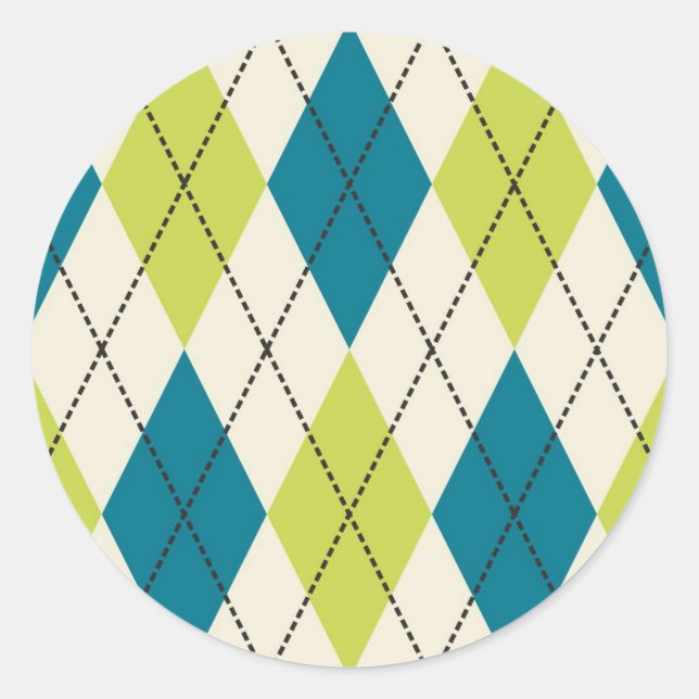 Blue And Green Argyle Classic Round Sticker (Front)