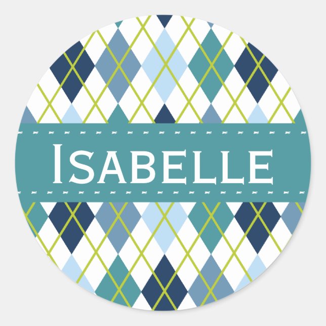 Blue and Green Argyle Diamond Pattern Classic Round Sticker (Front)