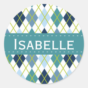 Blue and Green Argyle Diamond Pattern Classic Round Sticker