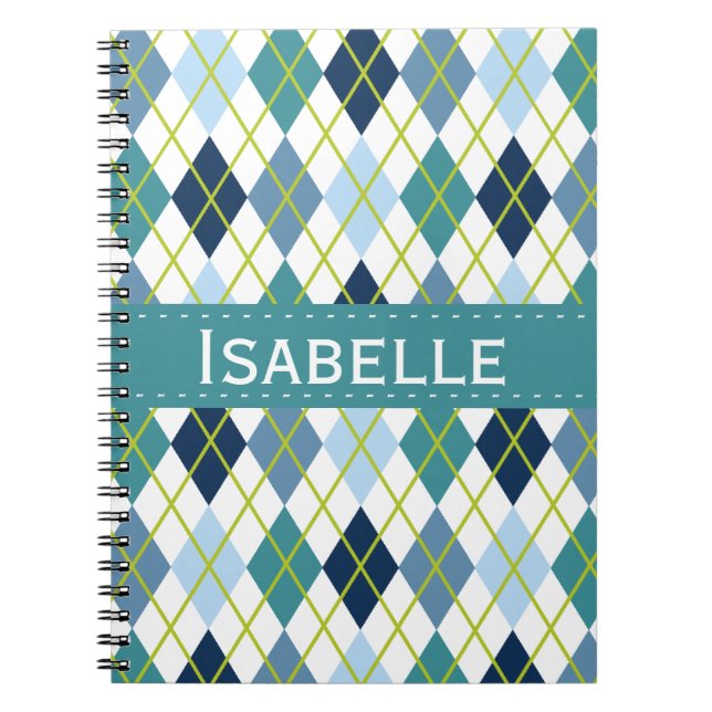 Blue and Green Argyle Diamond Pattern Notebook (Front)