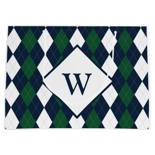Blue and Green Argyle Monogrammed Large Gift Bag (Front)