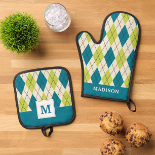 Blue And Green Argyle Oven Mitt & Pot Holder Set