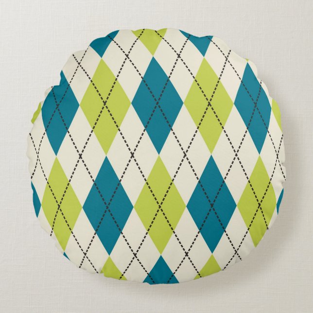 Blue And Green Argyle Round Cushion (Front)