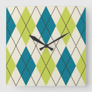 Blue And Green Argyle Square Wall Clock