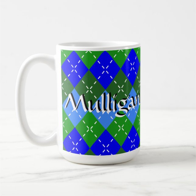 Blue and Green Argyle White Stitching Personalised Coffee Mug (Left)