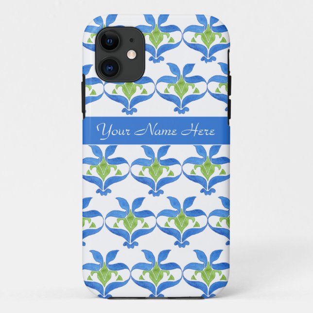 Blue and Green Art Nouveau Pattern on White Case-Mate iPhone Case (Back)