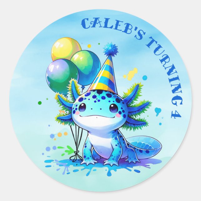 Blue and Green Axolotl Boy's Birthday Party Classic Round Sticker (Front)
