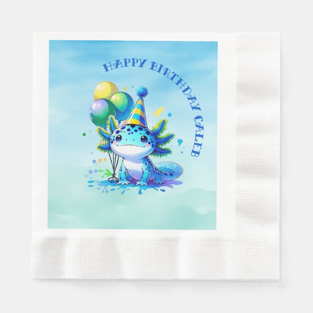 Blue and Green Axolotl Boy's Birthday Party Napkin (Front)