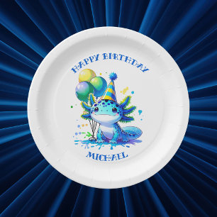 Blue and Green Axolotl Boy's Birthday Party Paper Plate