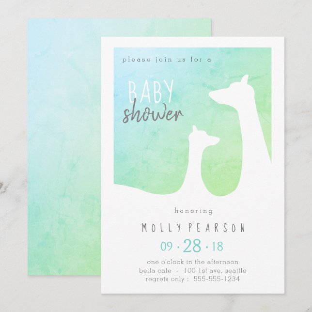 Blue and Green Baby Giraffe Baby Shower Invitation (Front/Back)