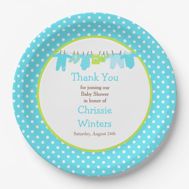 Blue and Green Baby Line Baby Shower Paper Plate (Front)