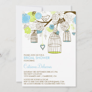 Blue and Green Birdcages Bridal Shower Invitation
