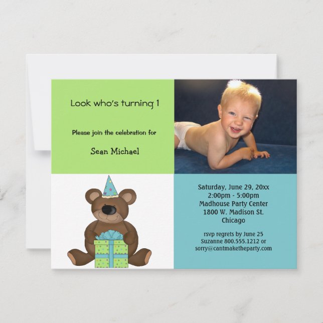 Blue And Green Birthday Teddy Bear Invitation (Front)