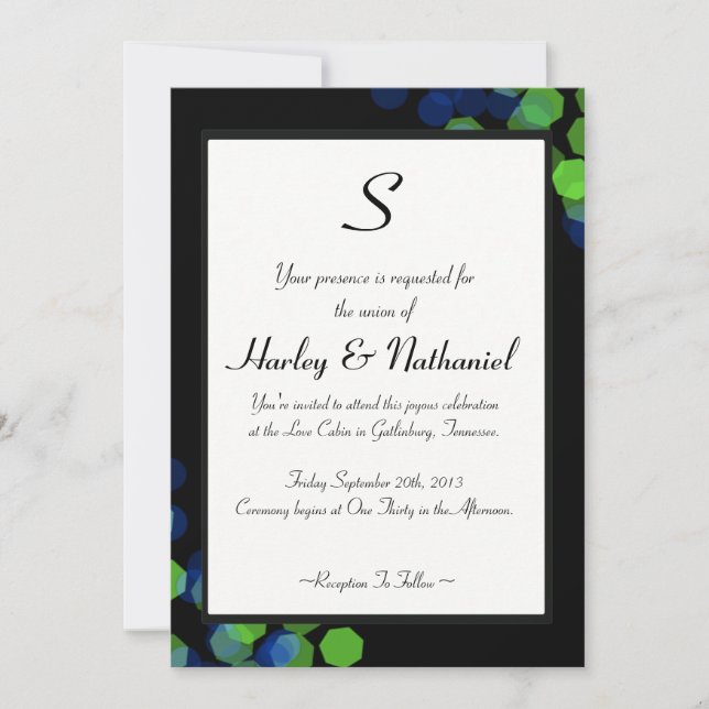 Blue and Green Bokeh Monogrammed Invitation (Front)