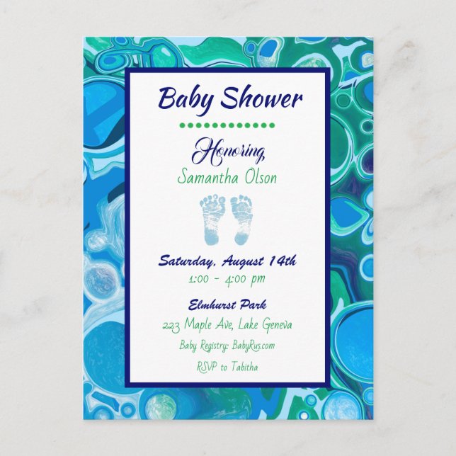 Blue and Green Boy's Baby Shower Invitation Postcard (Front)