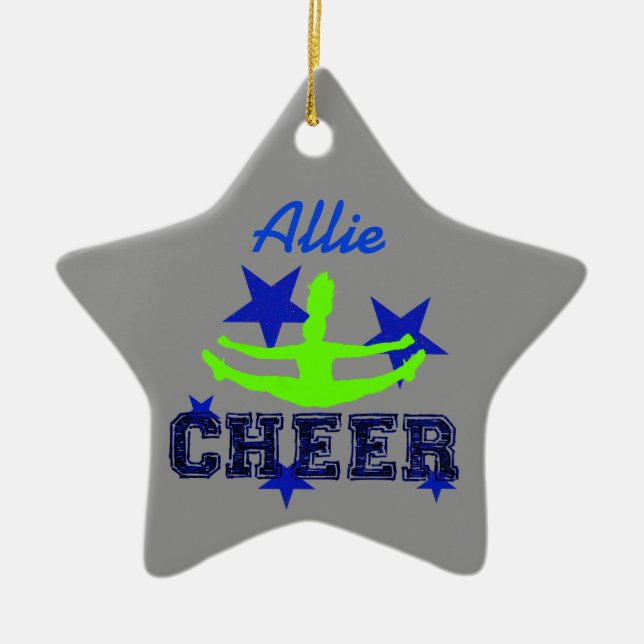 Blue and green cheerleader star ornament (Front)