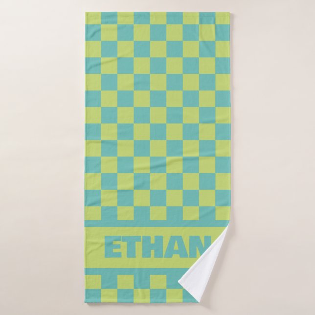 Blue and Green Chequerboard Towel with Custom Name (Bath Towel)