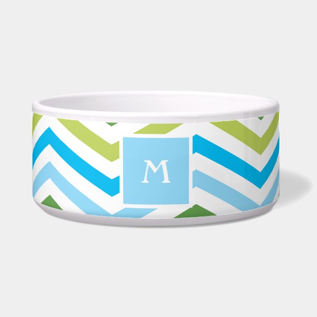 Blue and Green Chevron  | Monogram Dog Dish (Front)
