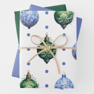 Blue and Green Christmas Ornaments & Matching Wrapping Paper Sheet