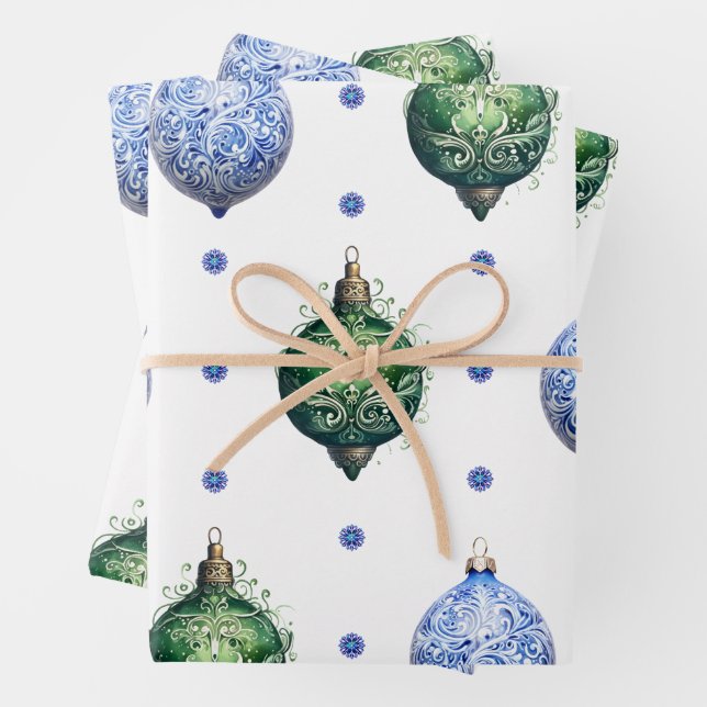 Blue and Green Christmas Ornaments on White Wrapping Paper Sheet (In situ)