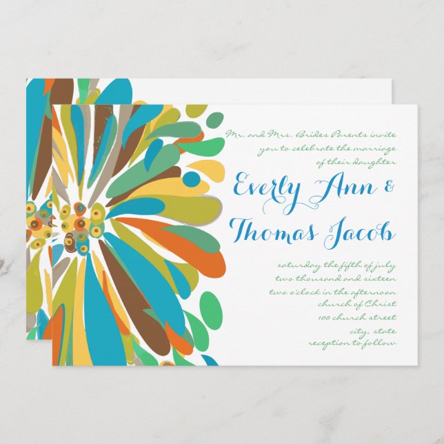 Blue and Green Chrysanthemum Wedding Invitation (Front/Back)
