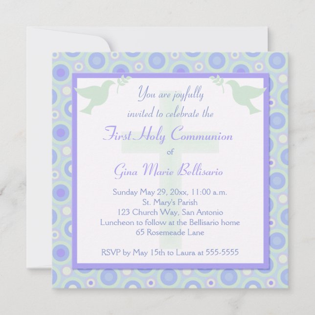 Blue and Green Circles First Communion Invitation (Front)