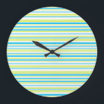Blue and green colours simple Stripes Pattern Large Clock<br><div class="desc">Cute and fresh design in vibrant colours. Blue and neon green stripes. 🔹 You can customise it - edit background colour,  resize/rotate image,  add text and more :) 🔹🔹🔹 Send me a photo of your purchase or just share it and tag me @edrawings38art (on FB/IG/Twitter) Thank you! 💜</div>