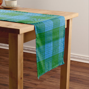 Blue and Green Crosshatch Chequered Design  Short Table Runner