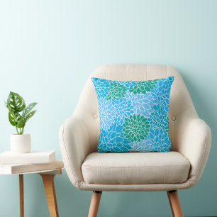 Blue and Green Dahlia Floral Pattern Throw Pillow