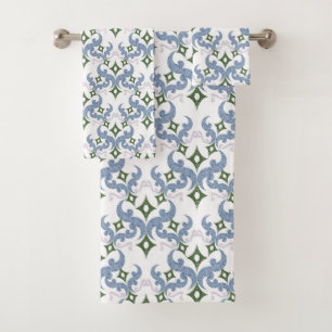 blue and green damask ornament pointillism bath towel set