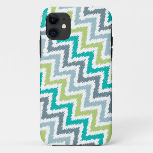Blue and Green Diagonal Zigzag Ikat Pattern iPhone 11 Case