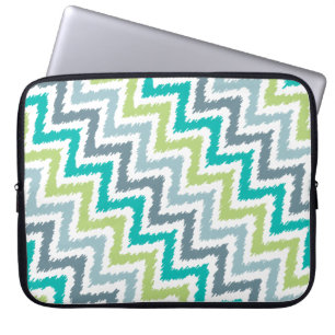 Blue and Green Diagonal Zigzag Ikat Pattern Laptop Sleeve