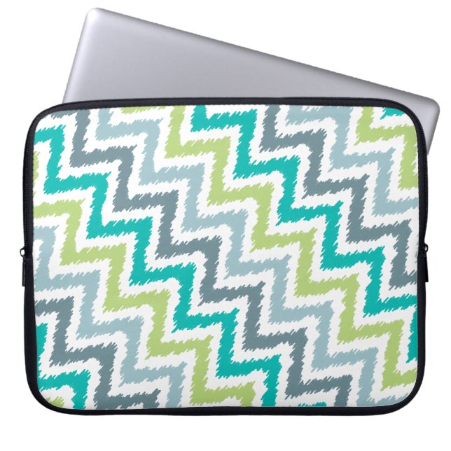 Blue and Green Diagonal Zigzag Ikat Pattern Laptop Sleeve (Front)