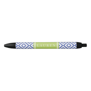 Blue and Green Diamonds Pattern Black Ink Pen