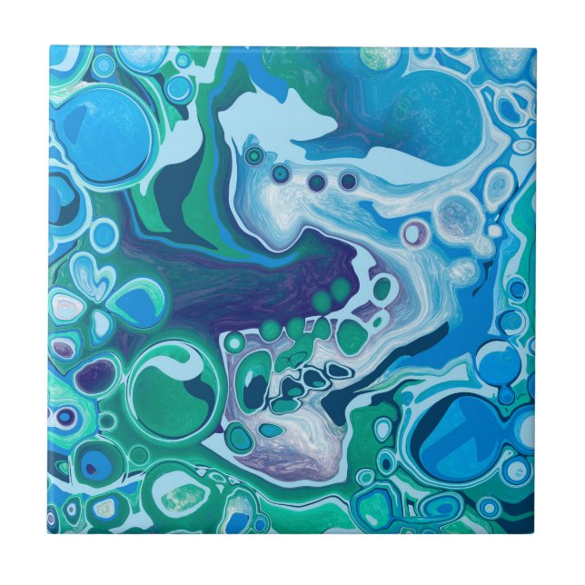 Blue and Green Digital Marble Fluid Art   Ceramic Tile (Front)