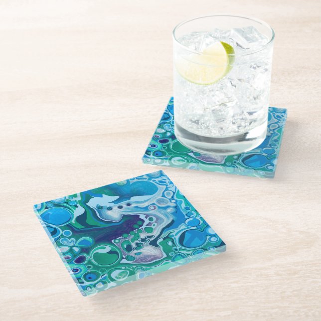 Blue and Green Digital Marble Fluid Art  Glass Coaster (Angled)