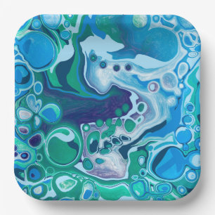 Blue and Green Digital Marble Fluid Art  Paper Pla Plate