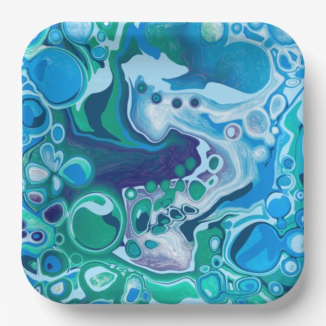 Blue and Green Digital Marble Fluid Art  Paper Pla Plate (Front)