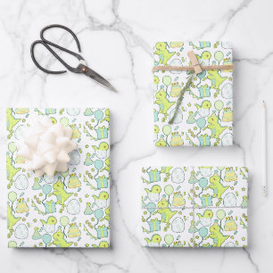 Blue And Green Dinosaur Birthday Wrapping Paper Sheet
