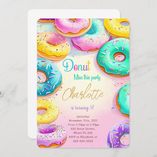 Blue And Green Doughnut Birthday Party Invitation (Front/Back)