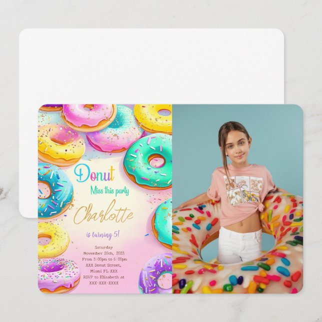 Blue And Green Doughnut Birthday Photo Invitation (Front/Back)